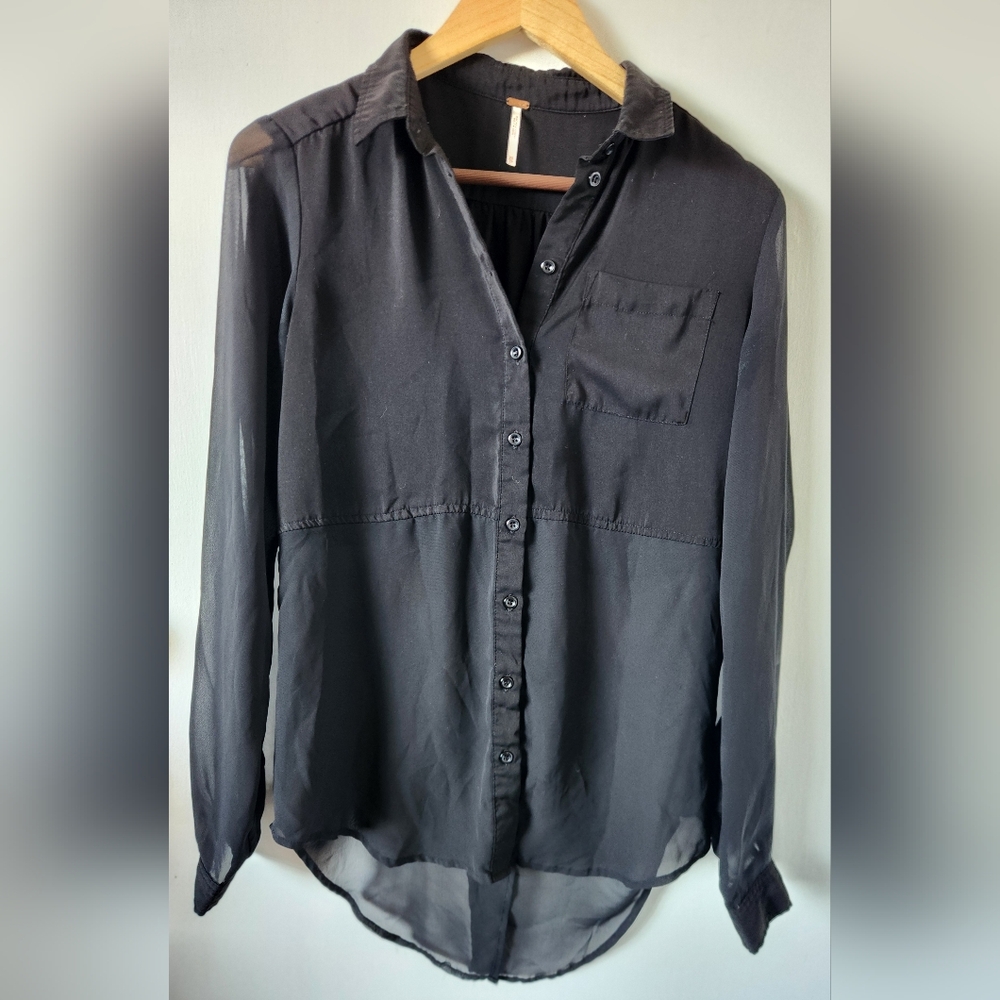 Free People Black Sheer Button-Up Blouse